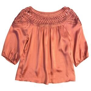 Sundance Women’s 100% Silk Flowy Embellished Boatneck 3/4 Sleeve Blouse Sz Large